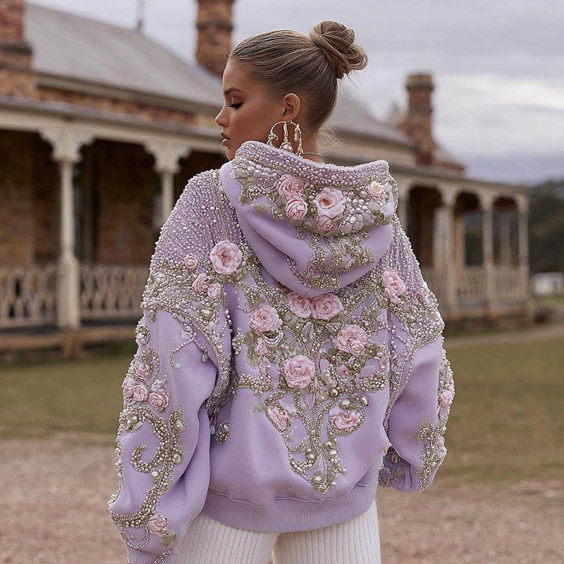 Women's Vintage Rose Pearl Embroidered Comfort Hoodie