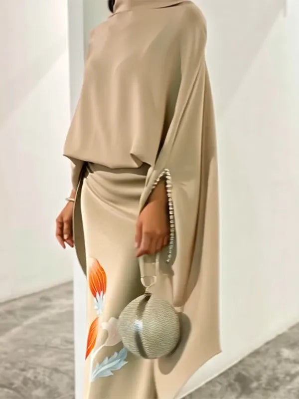 Floral Printed Split-Joint Batwing Sleeves Loose High Neck Two Pieces Set Skirt Set