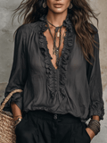 Sheer Ruffle V-Neck Bohemian Blouse