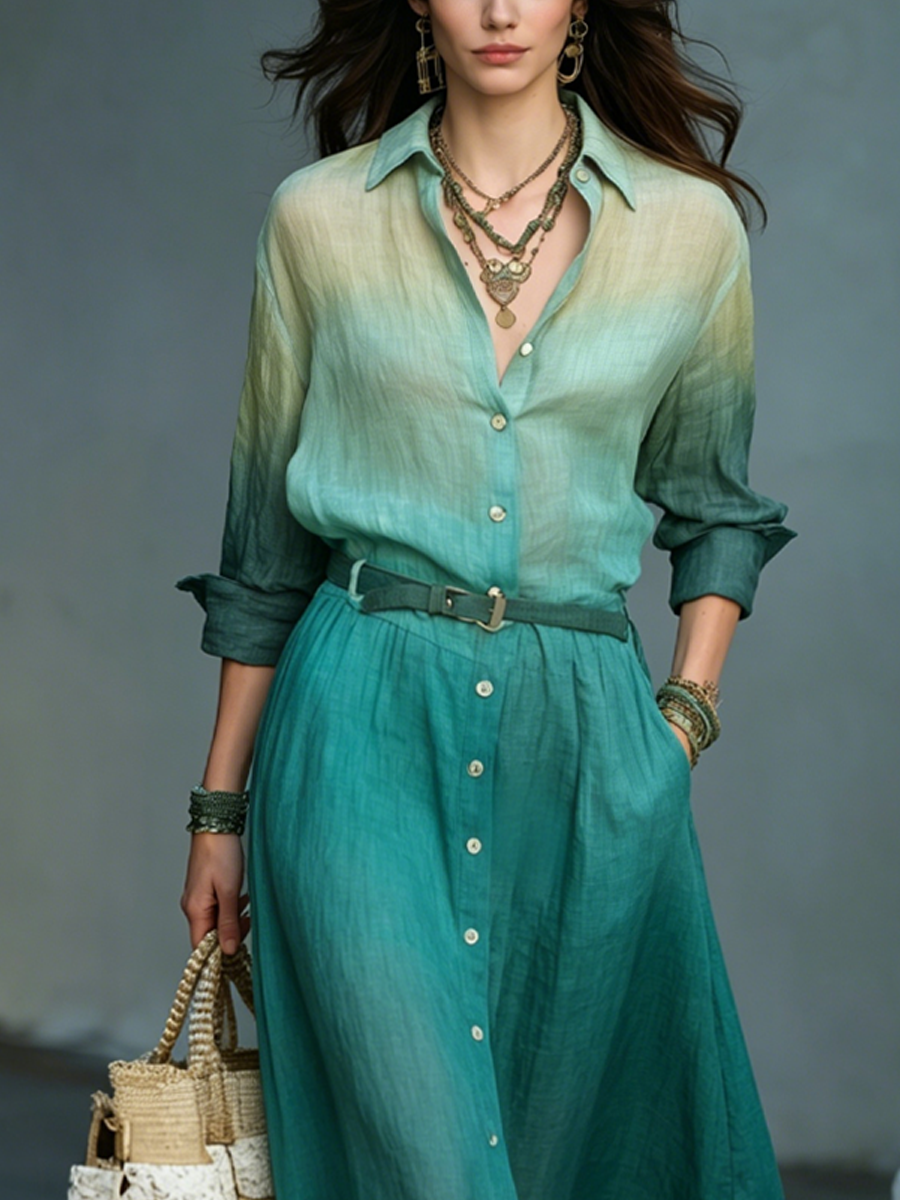 Bohemian Teal Ombre  Shirt Midi Dress