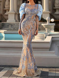 Banquet Long Sleeves Floral Printed Ruffled See-Through Slim Maxi Dresses