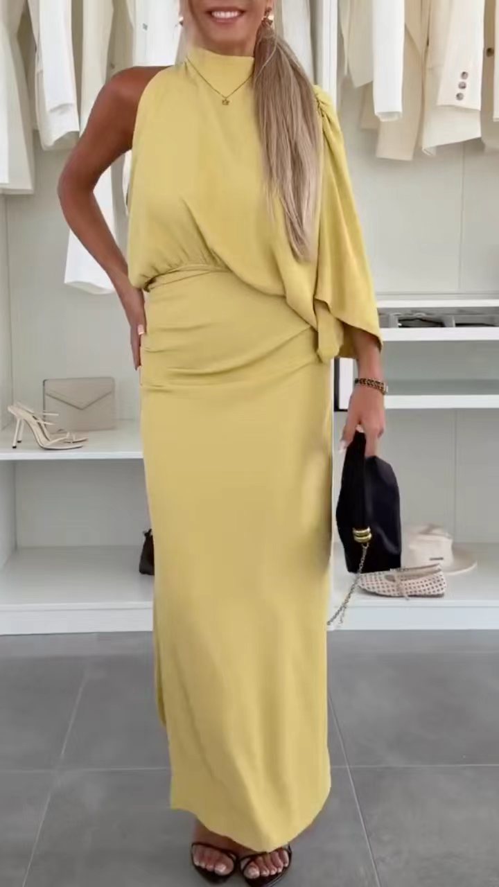 One Shoulder Ruched Waist Bodycon Slit Long Dress