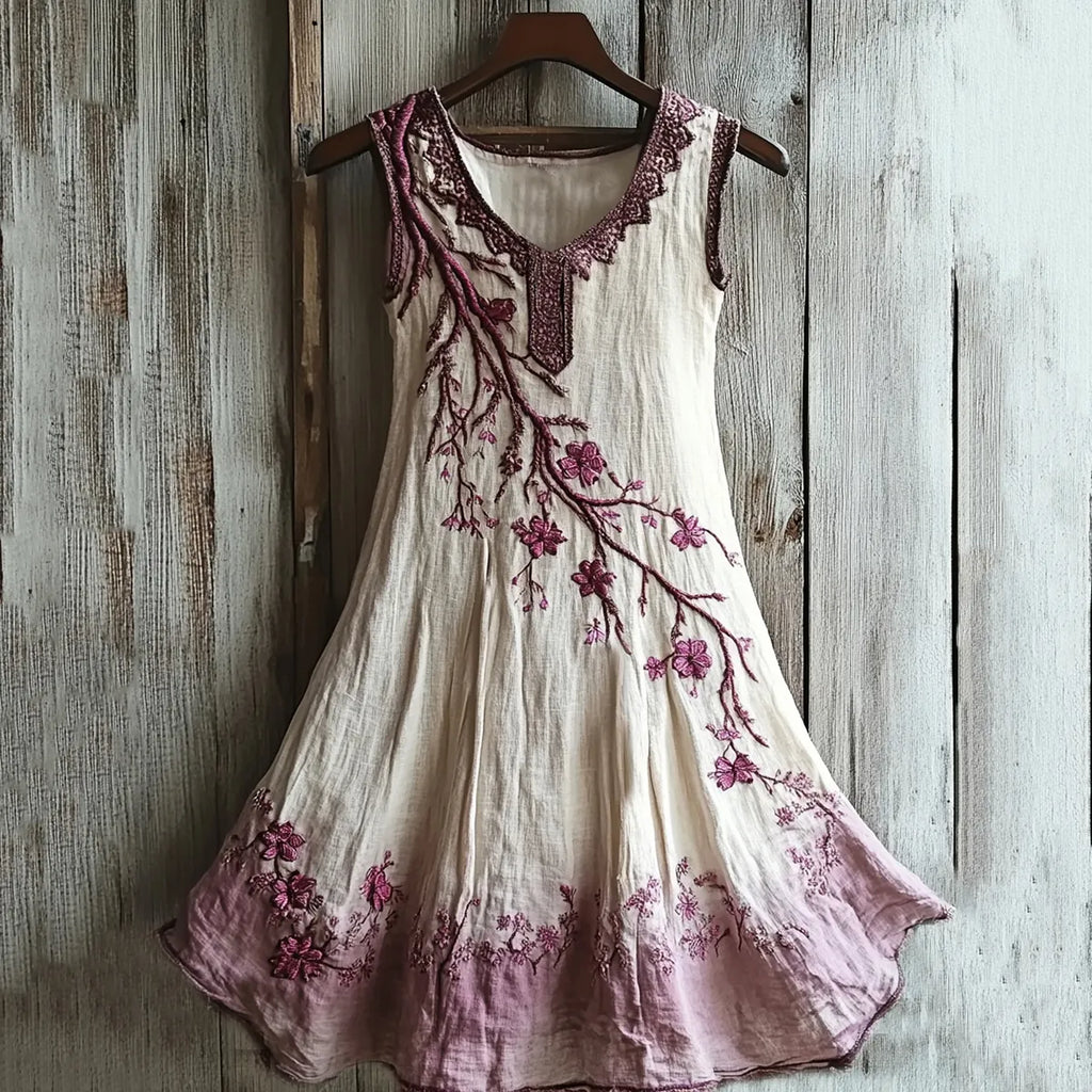 Vintage Celtic Knot With Cherry Blossoms Pattern Linen Tank Dress