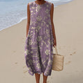 Women's Vintage Folk Art Floral Pattern Print Sleeveless Cotton Wrap Dress