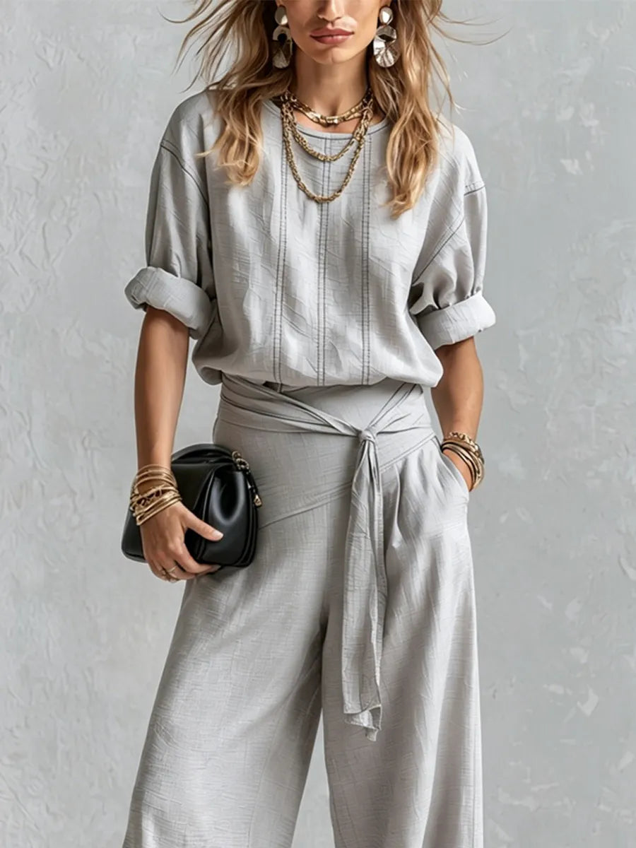 Bohemian Gray Cotton Linen Top And Wide-leg Pants Set