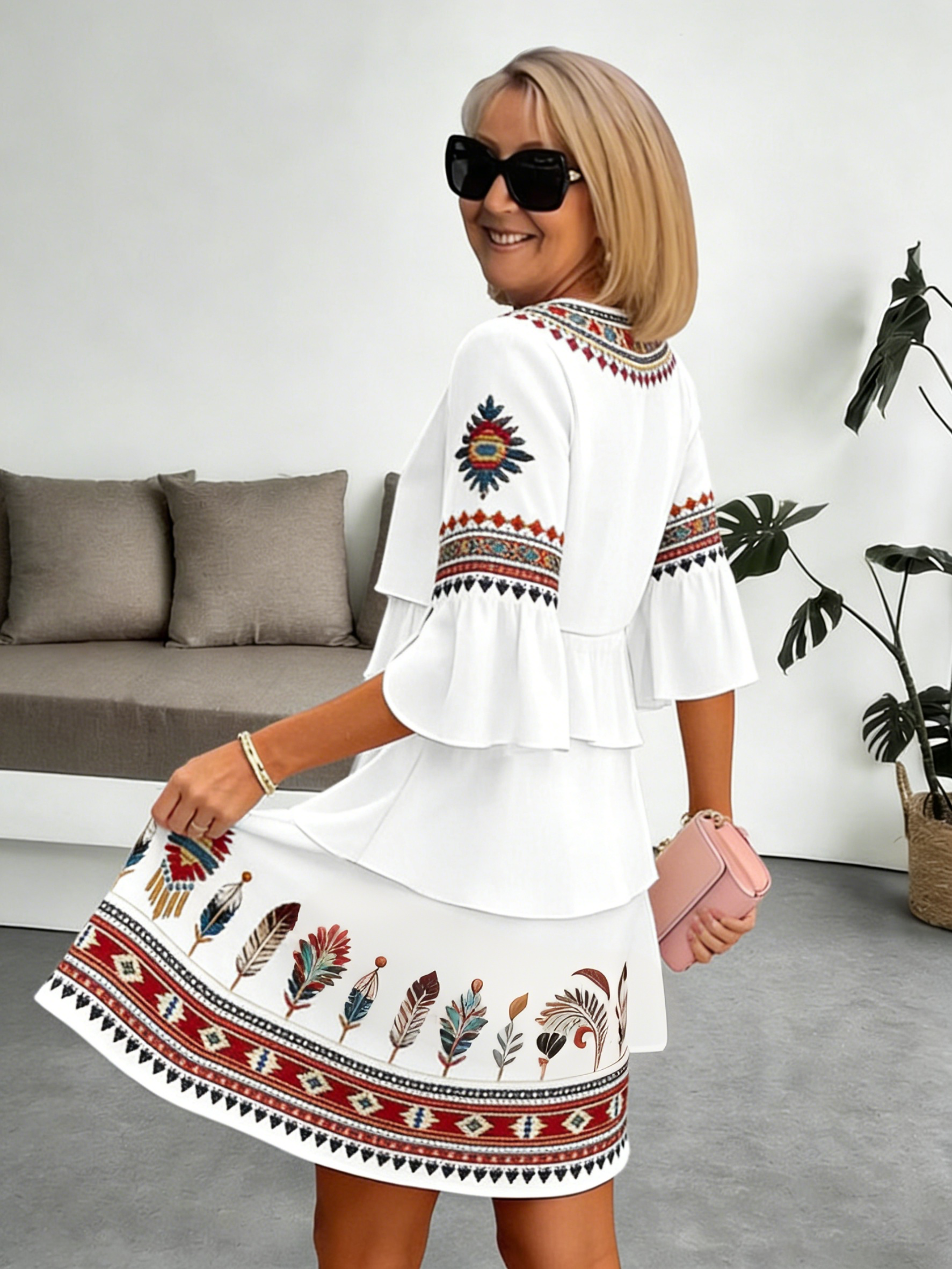 Chiffon Vacation Prints Color Round Neck Cake Skirt Splicing Dress Mid-length