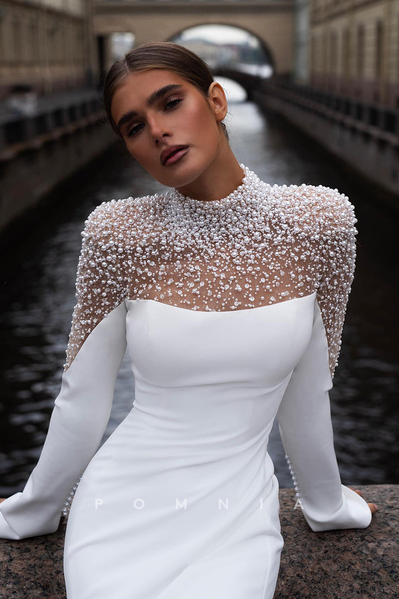 P3093 - Elegant High Neck Pearls Long Sleeves Mermaid Long Beach Wedding Dress