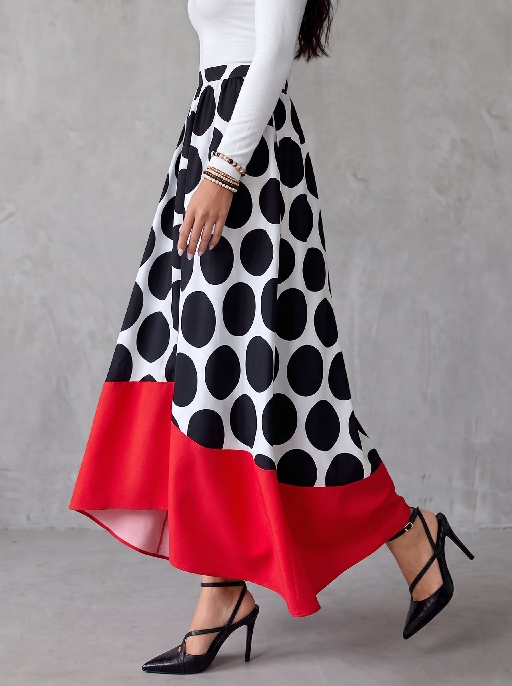 Split-Joint Polka Dot Elasticity Contrast Color High-Low High Waisted Skirts