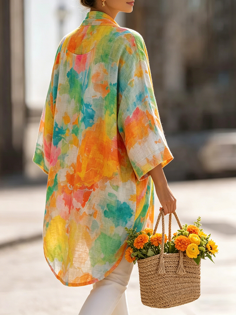 Artistic Watercolor Print Cotton-linen Cardigan & Vest Two-piece Set