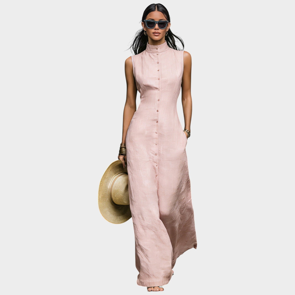 Sleeveless High-Neck Button Maxi Dress