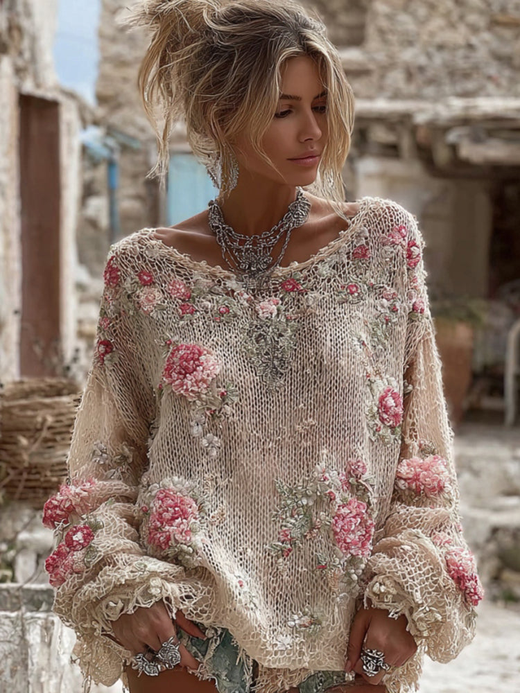 Women's Pink Flowers Embroidery Art Cozy Knit Sweater