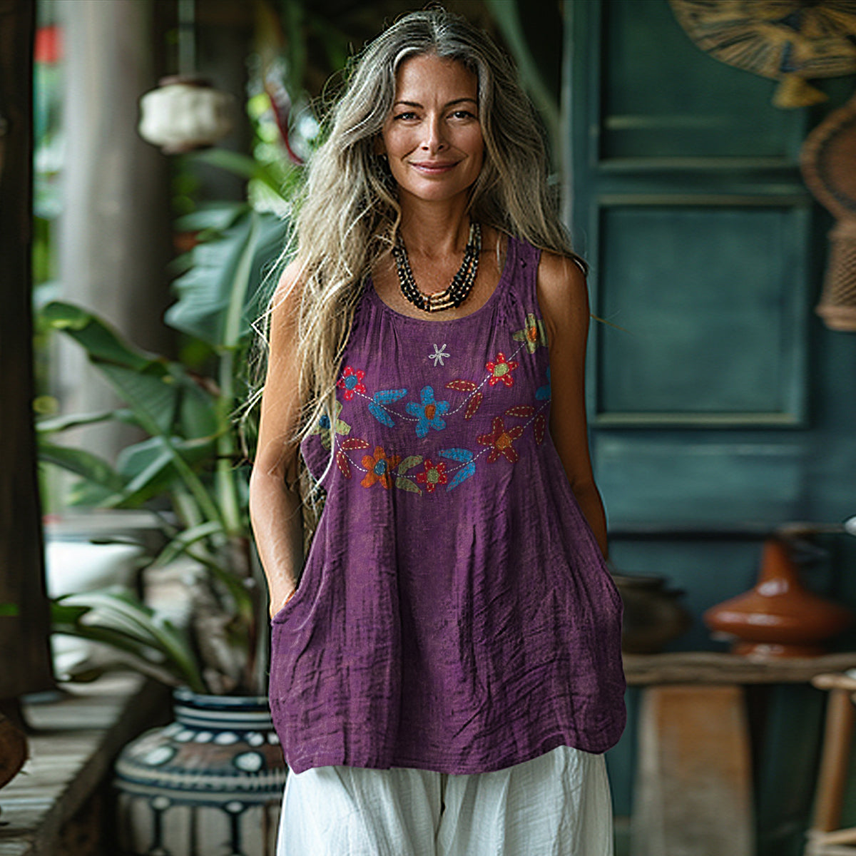 Vintage Tribal Floral Art Sleeveless Linen Blend Tank Top