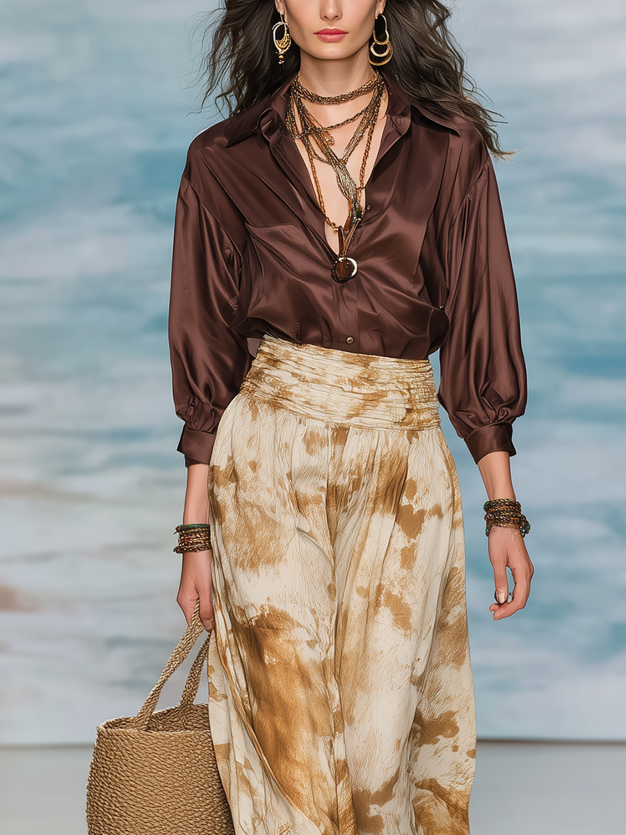 Bohemian Brown Satin Shirt And Skirt Suit