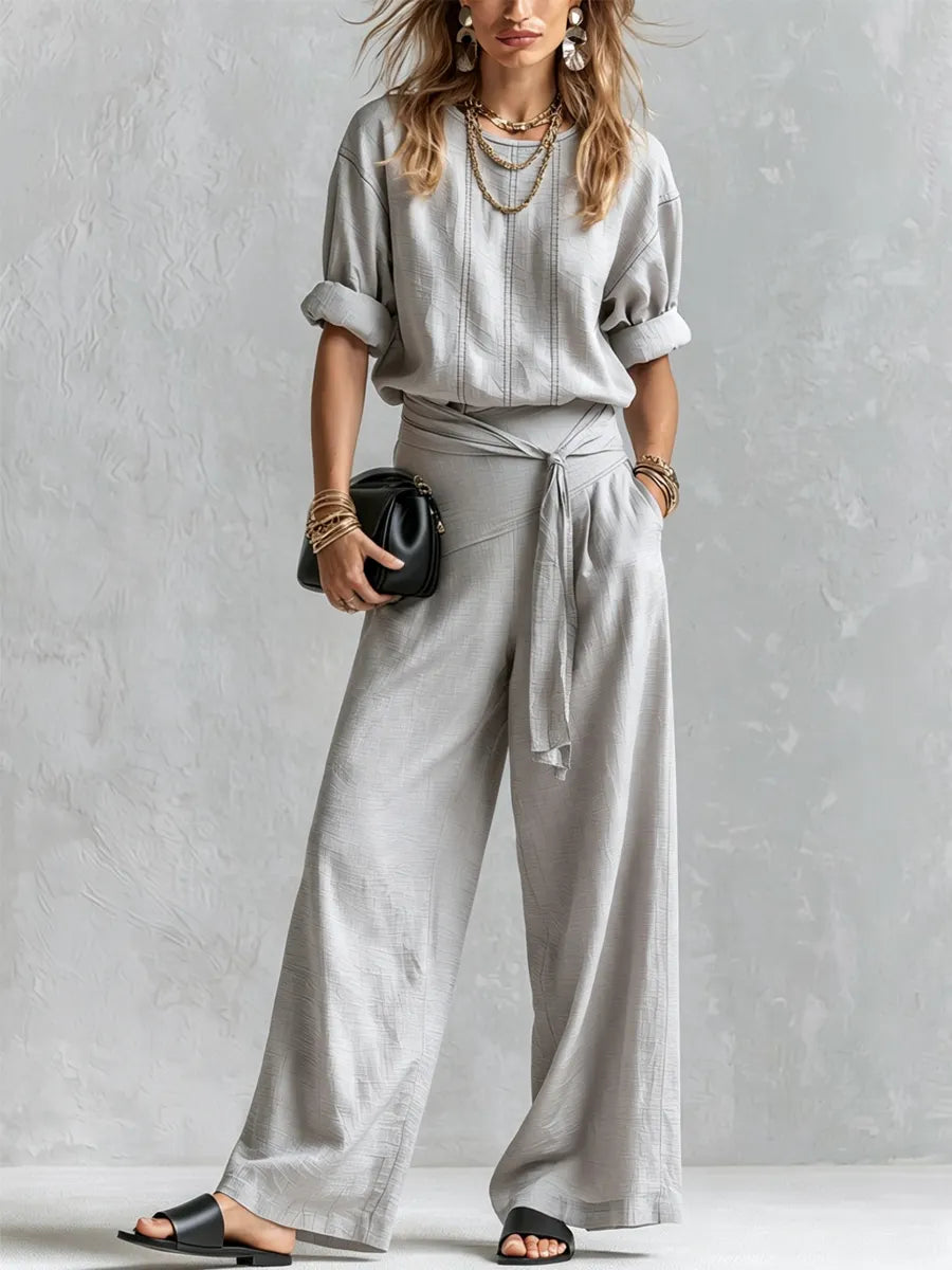 Bohemian Gray Cotton Linen Top And Wide-leg Pants Set