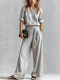 Bohemian Gray Cotton Linen Top And Wide-leg Pants Set