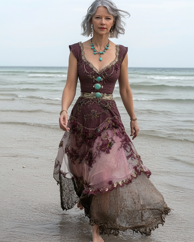 Summer Vacation Seaside Turquoise Beaded Linen Dress 9598