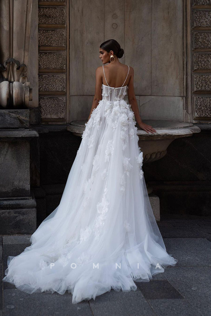 P3083 - Romantic A-Line Appliques High Split with Train Tulle Long Bohemian Wedding Dress