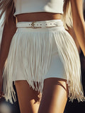 [24-hour shipping out]Fashionable Personality Long Tassel Belt White Shorts