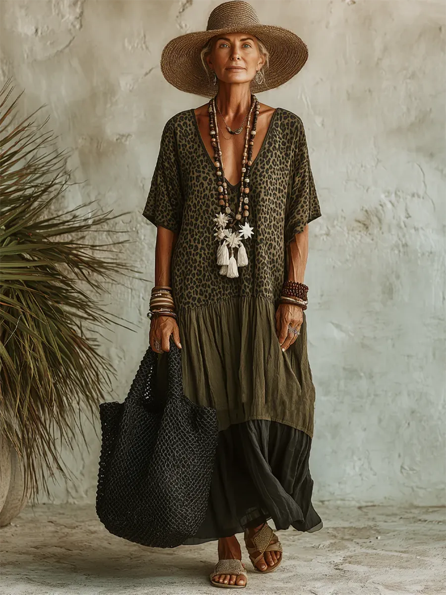 Casual Leopard-print Spliced chiffon & Cotton Dress