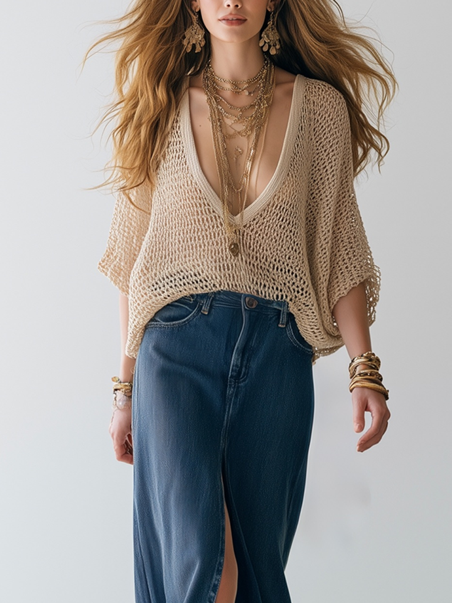 Bohemian Beige Knit Top And Denim Skirt Set