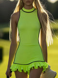 [24-hour shipping out]Fashion Sports Stretch Lycra Black Trim Fluorescent Green Ruffle Mini Dress