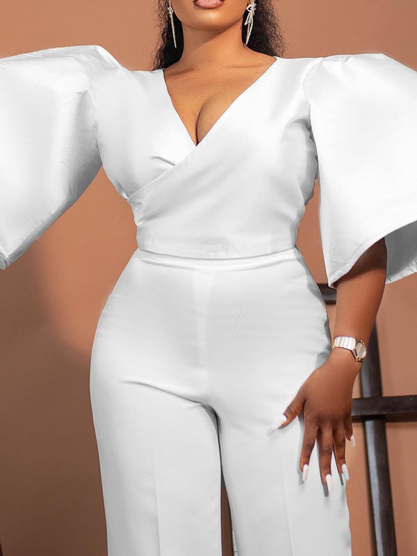 Solid Color Short Sleeves Wide Leg V-Neck Jumpsuits