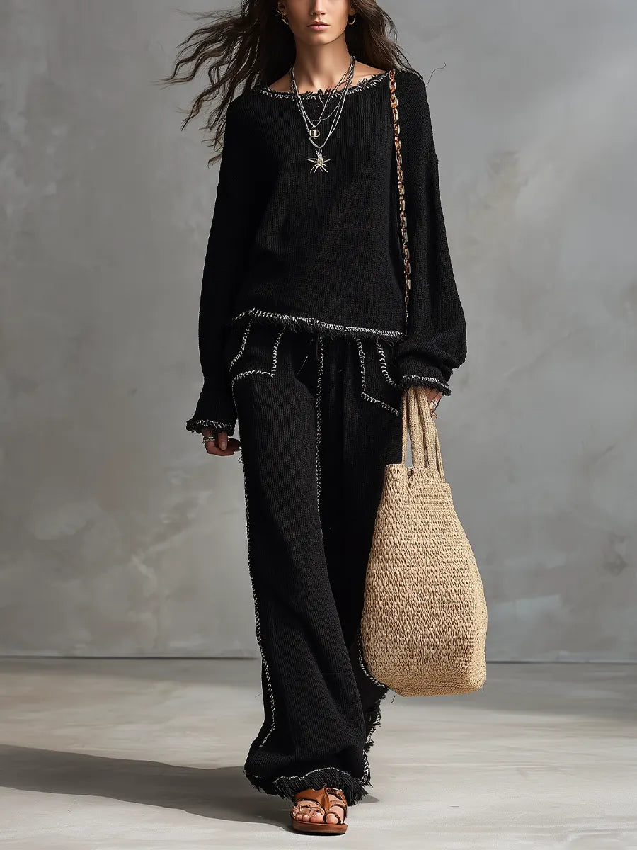 Minimal Boho Frayed Edge Knit Top & Wide Leg Pants Set