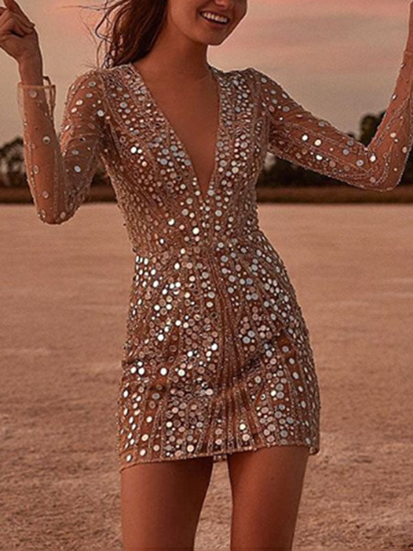 Shiny Spangle Long Sleeves Mini Dresses