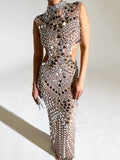 Shiny Sequinned high-neck sleeveless wrap Maxi Dresses