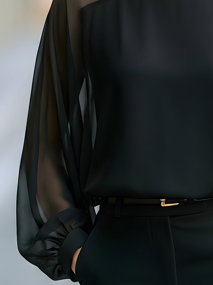 Sheer Yoke High-Neck Bishop Sleeve Blouse