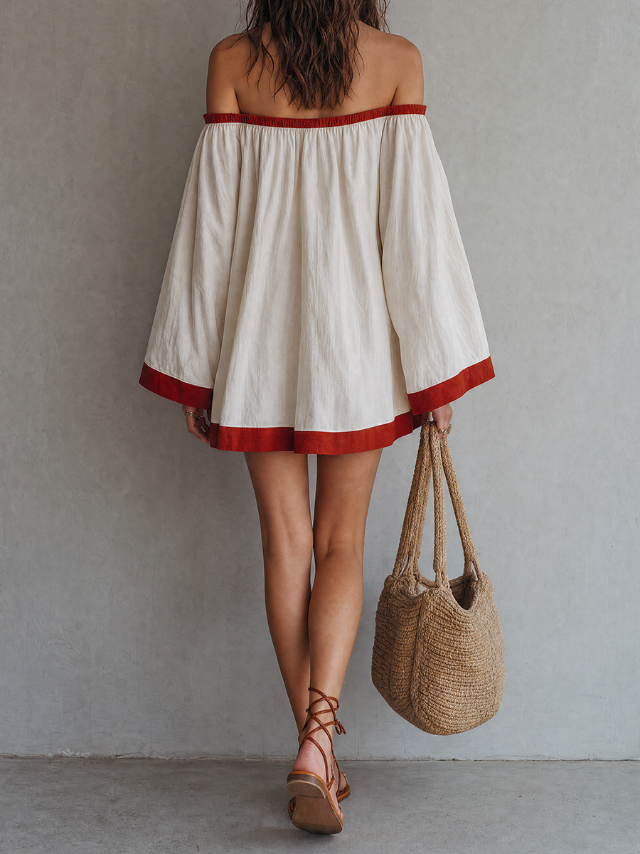 Mediterranean Chic Cotton Off Shoulder Tunic Dress