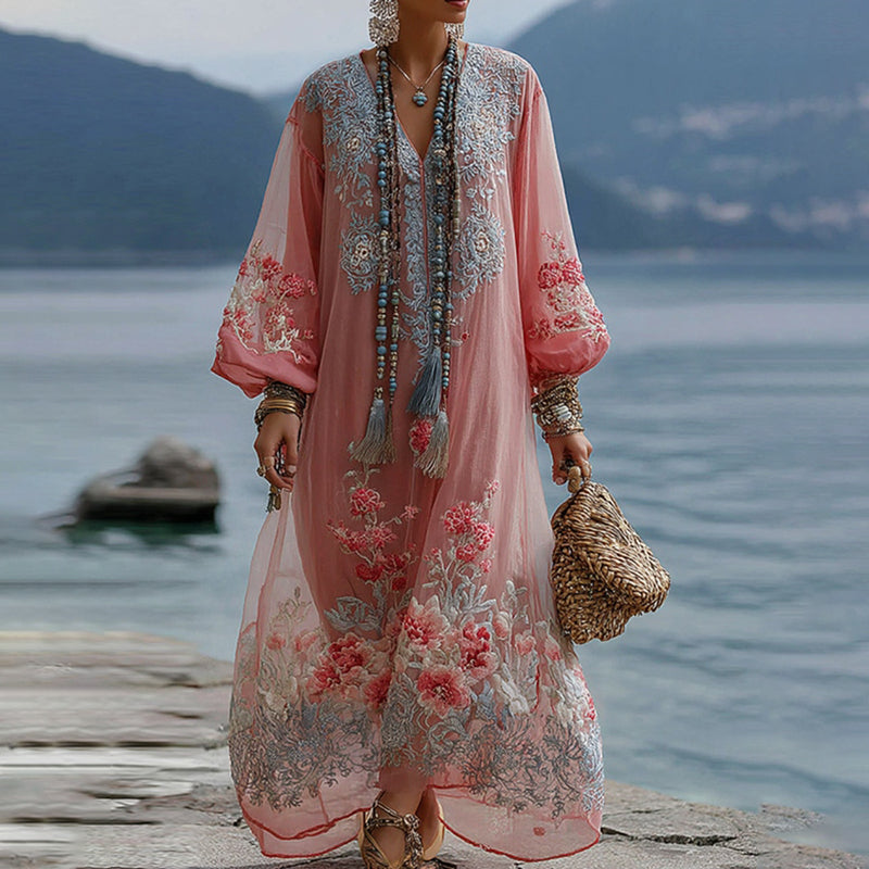 Women's Vintage Floral Embroidered V Neck Comfy Maxi Dress