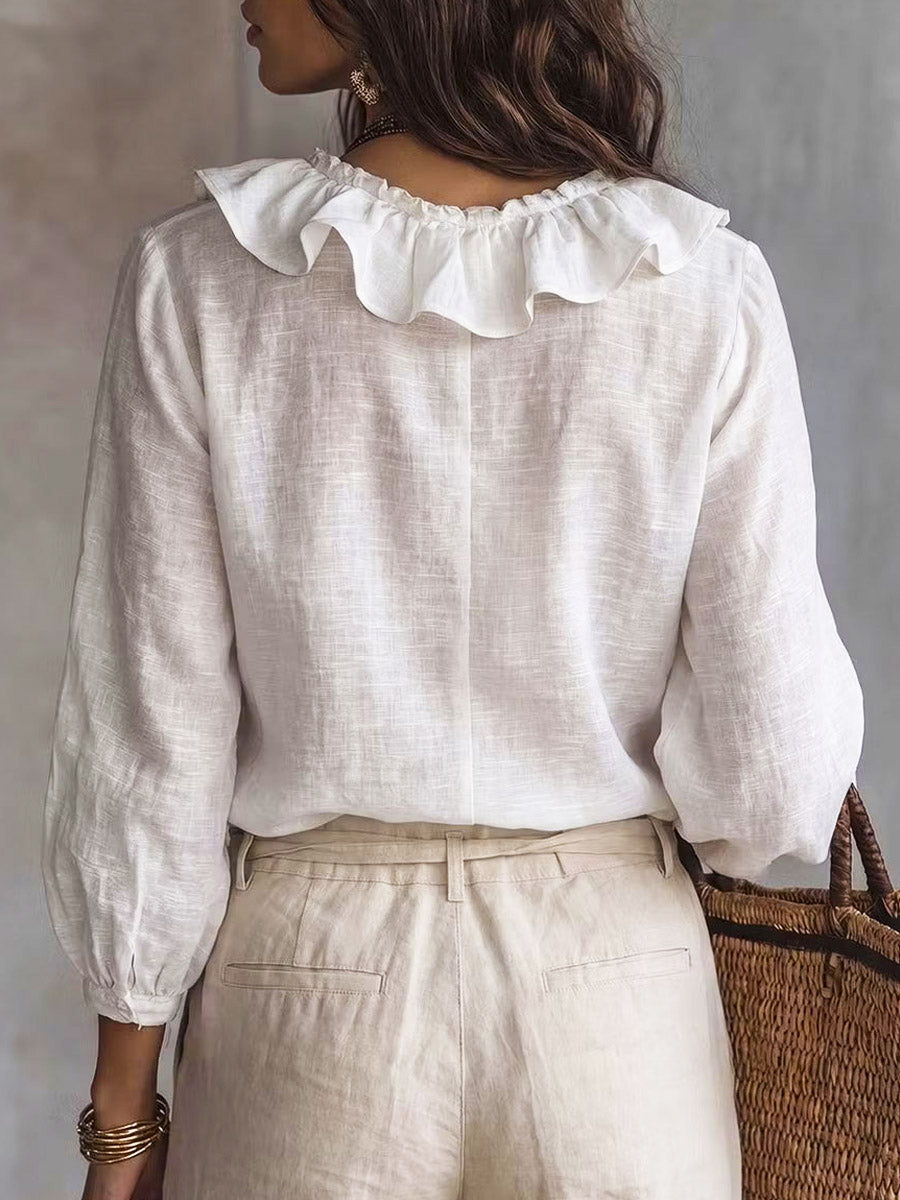 Women's Ruffled Art Casual Stylish Long Sleeve Cotton Linen Shirt