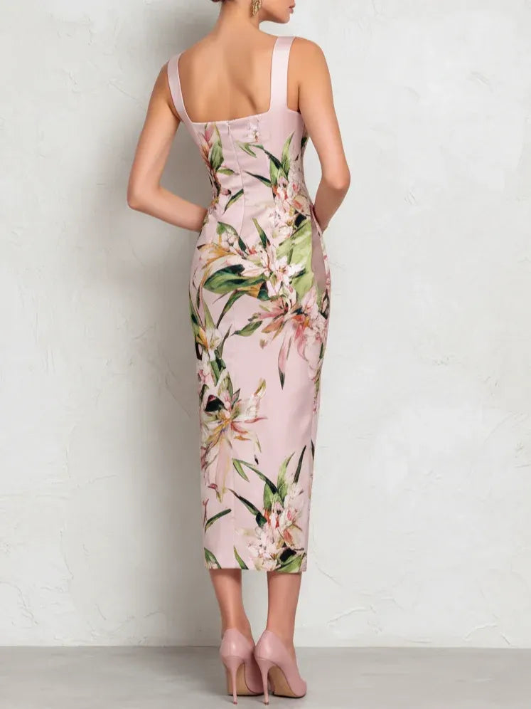 Pink Floral Satin Square Neck Sleeveless Midi Dress