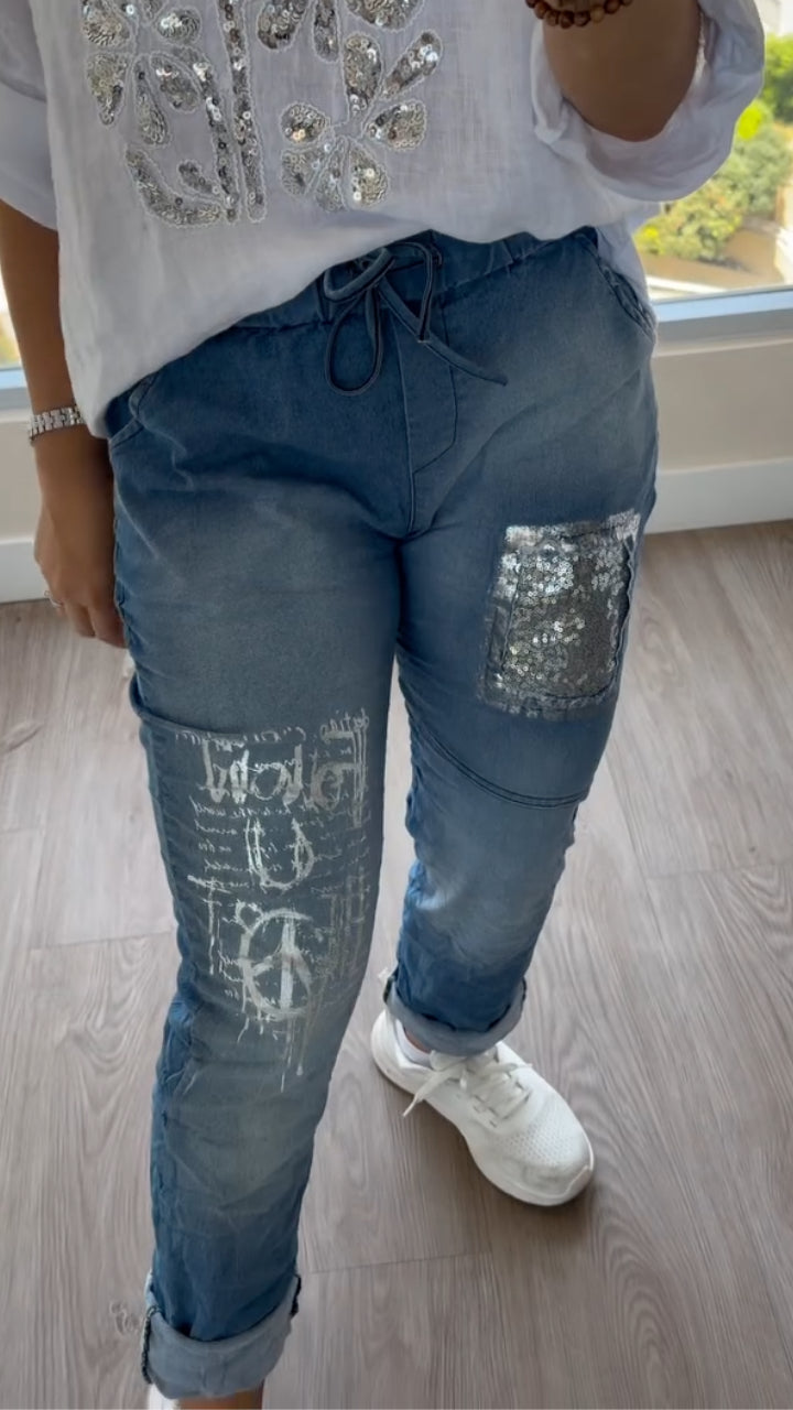 White Linen Sequin Top & Distressed Denim Jeans