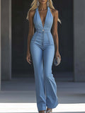 [24-hour shipping out]Simple and Fashionable V-neck Sleeveless Tight Light Blue Denim Jumpsuit