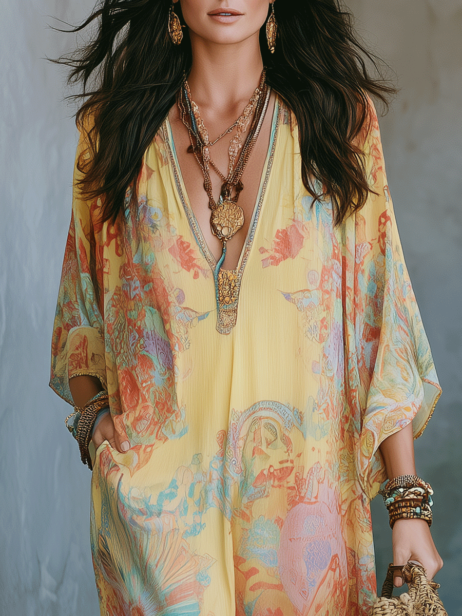 Elegant Vacation Golden Sunset Boho Oversized Caftan Maxi Dress