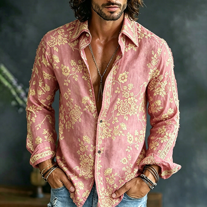 Men's Spring Summer Colorful Floral Embroidered Art Print Flowy Linen Blend Shirt