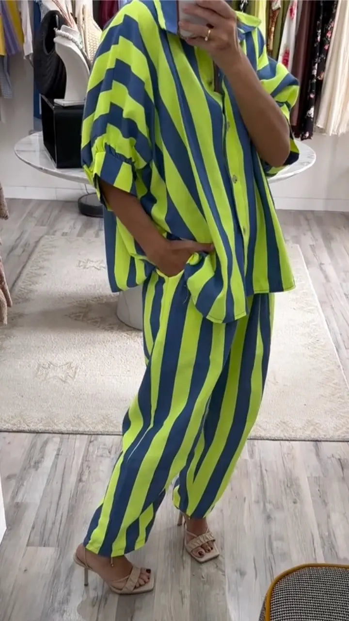 Women's Striped Print Casual Suit With Lapel