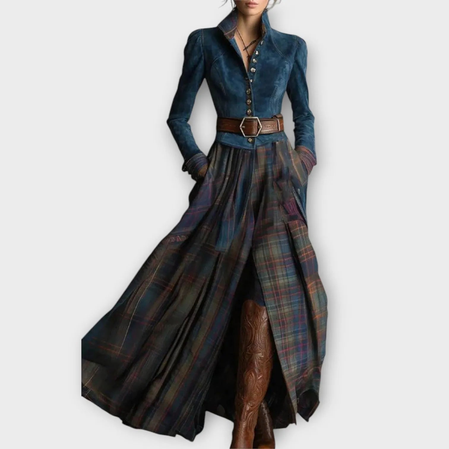 Vintage Plaid Maxi Dress with Fitted Jacket Bodice