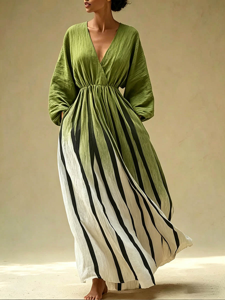 Women's Casual Loose Cotton-linen Dress With V-neck Long Sleeves And Placement Print