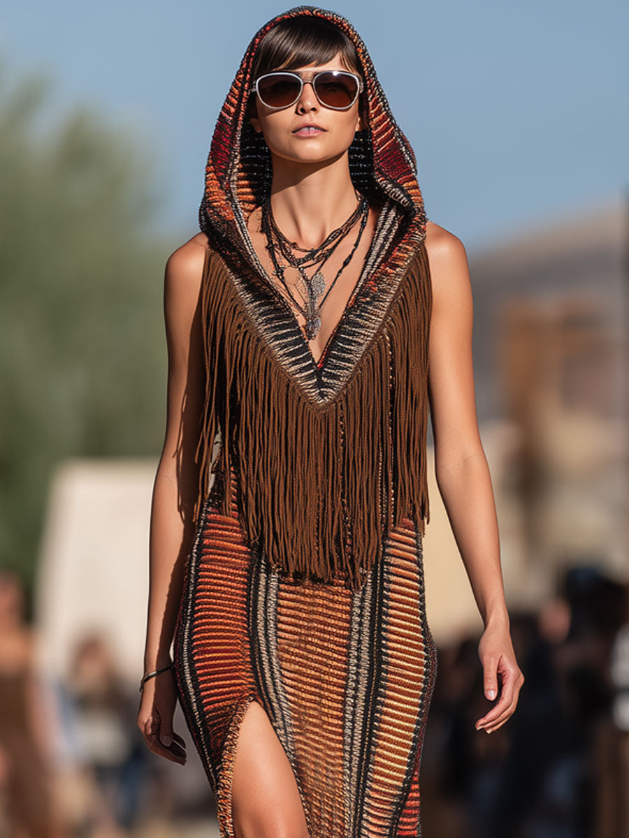 [24-hour shipping out]Western Retro Colorful Striped Knitted Tassel Hooded Slit Maxi Dress