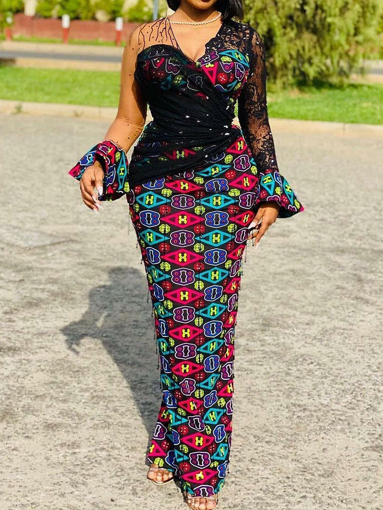 Fashion V-Neck Floral Printed See-Through Split-Joint Maxi Dress