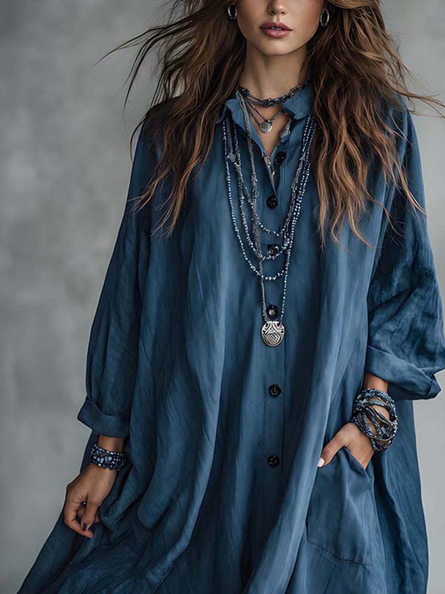 Oversized Long-sleeve Button-down CollarMidi Dress