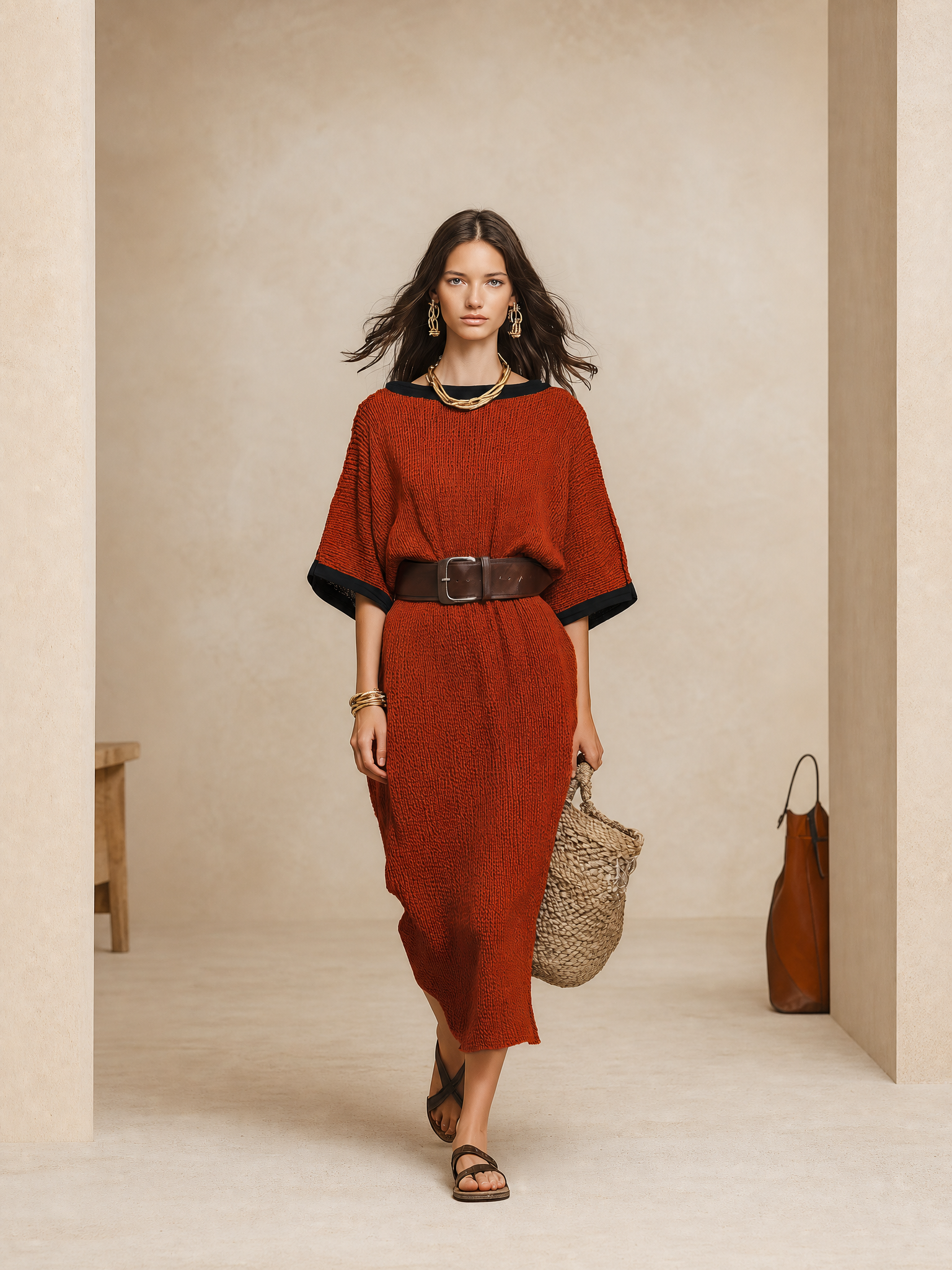 Minimalist Autumn Sweater-Knit Round-Neck Cocoon Brick Red Maxi Dress