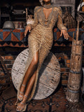 Long Sleeves Sequined Split-Front See-Through Wrap Maxi Dresses