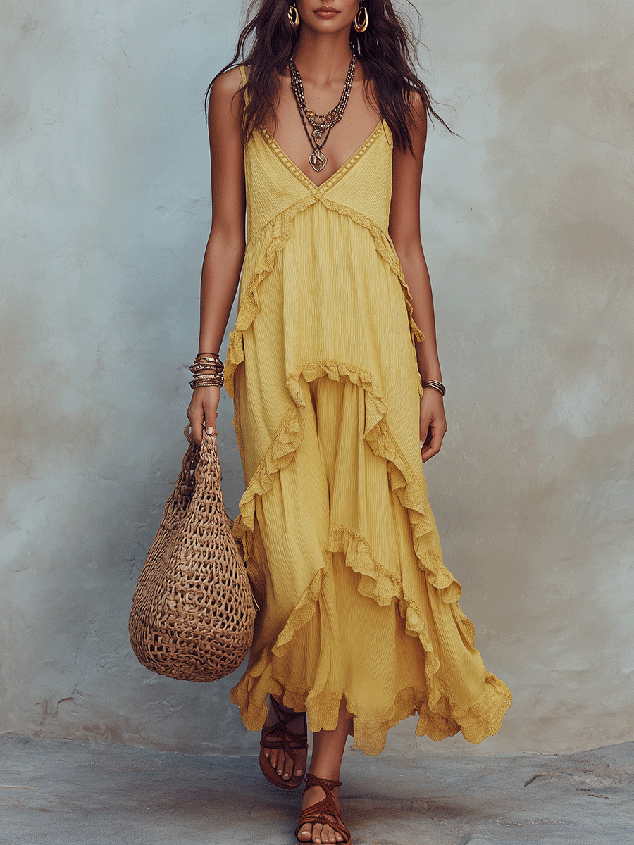 Boho Ruffle Tiered Flowy V-Neck Asymmetric Hem Maxi Dress