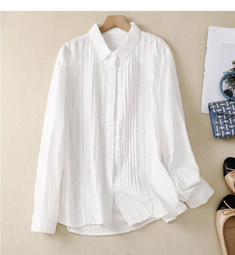 Women's Patchwork Lace Trim Linen And Cotton Pleated Shirt