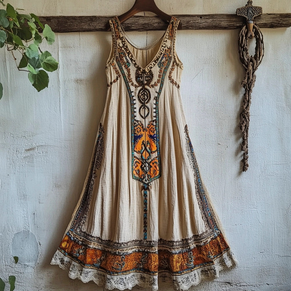 Vintage Bohemian Floral Linen Tank Dress