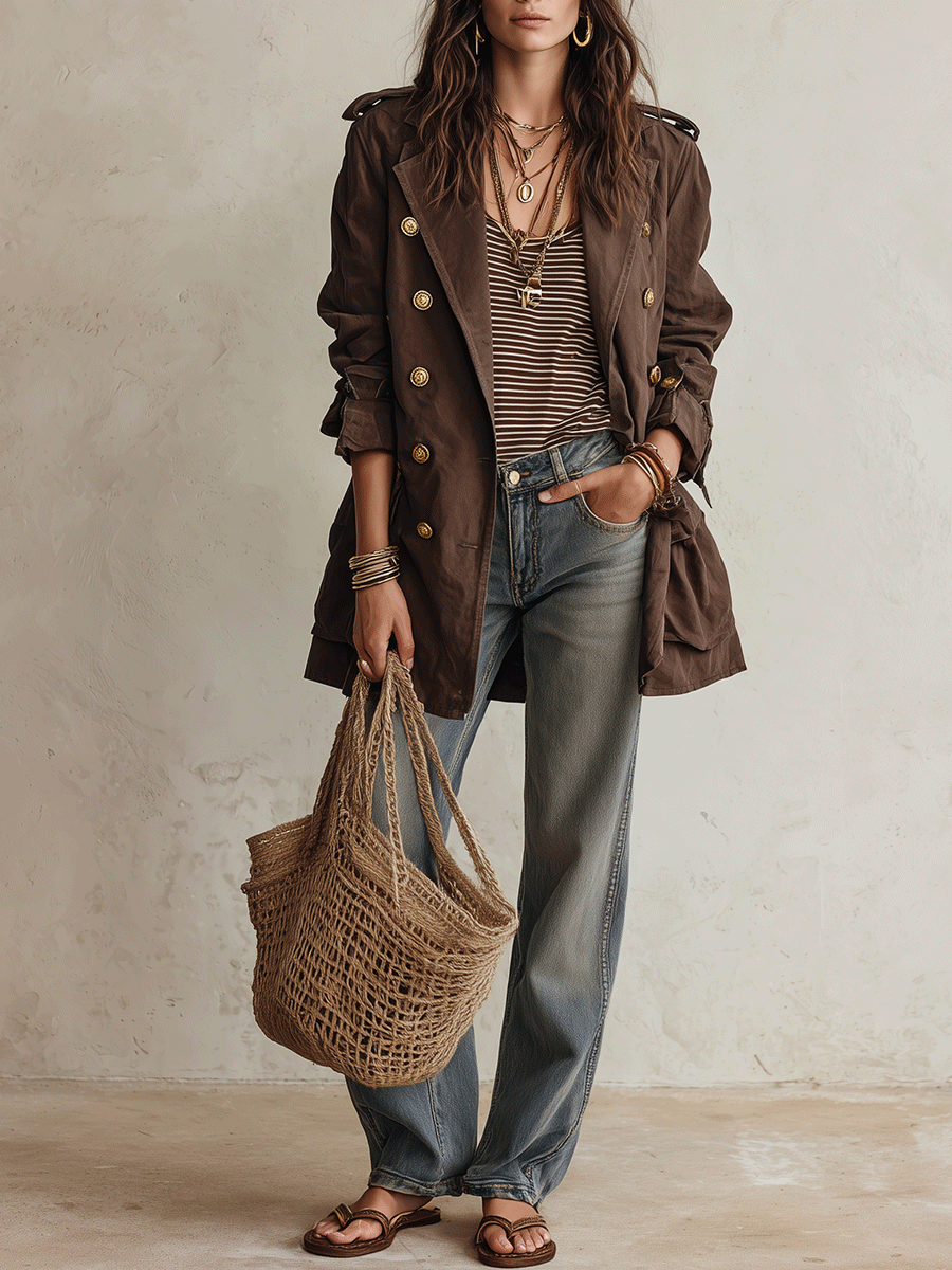 Utility Chic Cotton-Twill Double-Breasted Belted Chocolate Brown Trench Coat